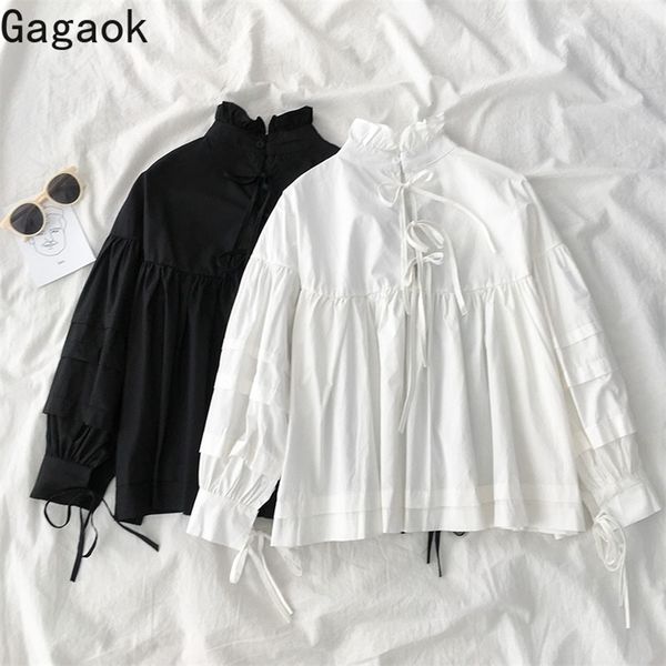 

gagaok women streetwear blouse spring autumn new solid stand puff sleeve lace up loose casual wild female fashion shirts 210225, White