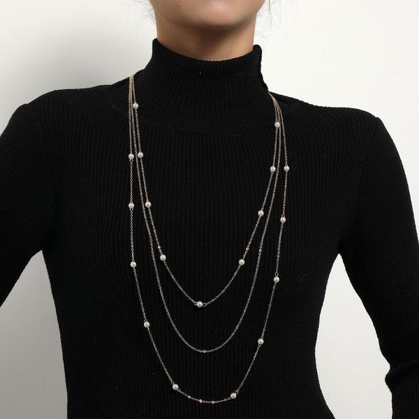 

chains decoration elegant fashion street snap sautoir imitation pearl necklace hierarchy geometry xl177, Silver