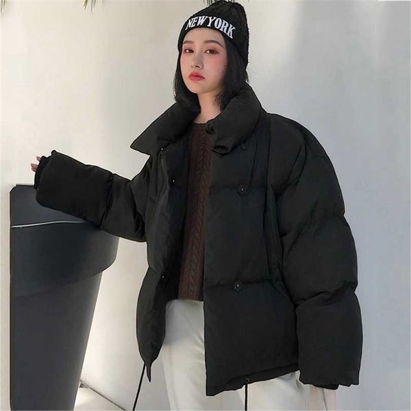 

korean style stand collar winter jacket women breasted buttons coat for women short black puffer jacket parka female 211011
