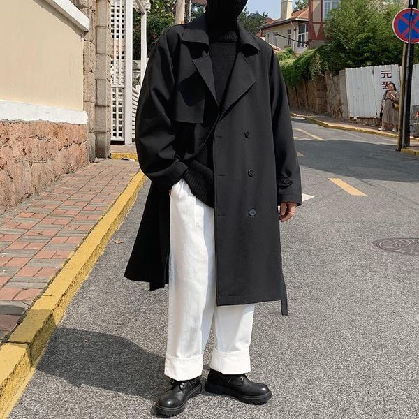 

men's trench coats belt coat fashion casual double-breasted long men korean loose oversize windbreaker jacket mens overcoat -3xl, Tan;black