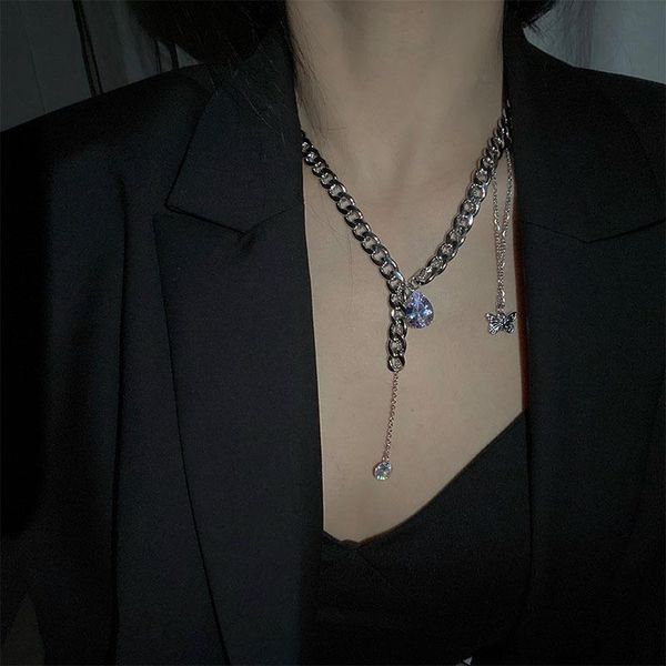 

pendant necklaces fashion rhinestone butterfly necklace women drop crystal link chain collar female goth jewelry lover valentine', Silver