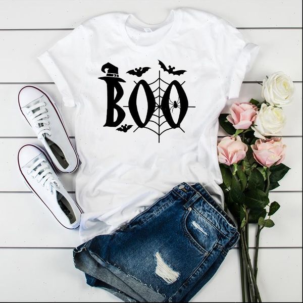 

women lady t shirt boo spider witch printed tshirt ladies short sleeve loose tee shirt women female clothes graphic t shirt, White