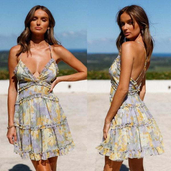 

casual dresses women summer beach dress adults sleeveless flower print v-neck cross spaghetti strap ruffle light yellow pink comfortable, Black;gray