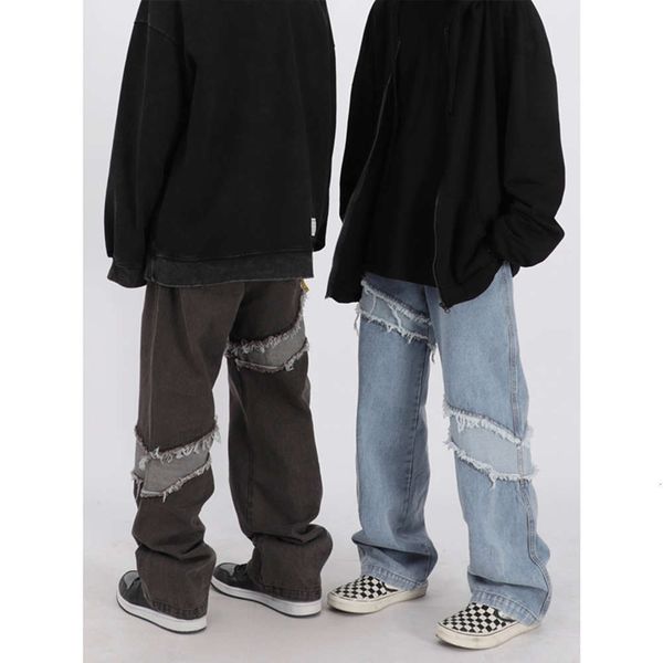 

ins fashion brand washed personalized rough edge stitching loose hip hop bf straight casual jeans pants men's and women's fashion, Blue