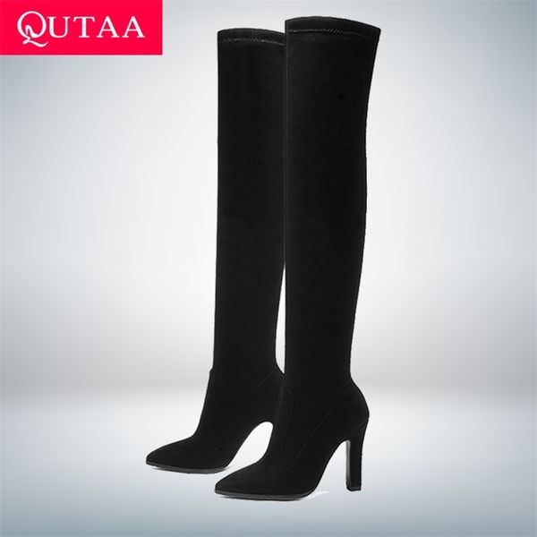 As mulheres de Qutaa sobre as botas altas do joelho deslizam em sapatos de inverno salto fino pontudo dedo-dedo todo o tamanho do jogo 34-43 211104