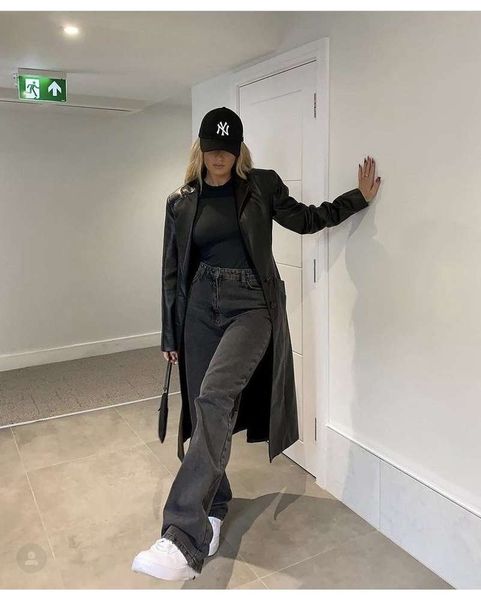 

high waist pure black casual loose vertical feeling, Blue