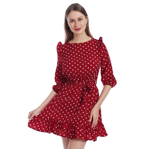 

fashion ruffle trim sashes women summer dress 3/4 sleeves round neck dot print casual dress girls sweet cute a line mini dresses, Black;gray