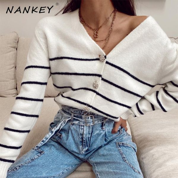 

women's knits & tees nankey striped sweater cardigan long sleeve women autumn winter short knitted sweaters button england style, White