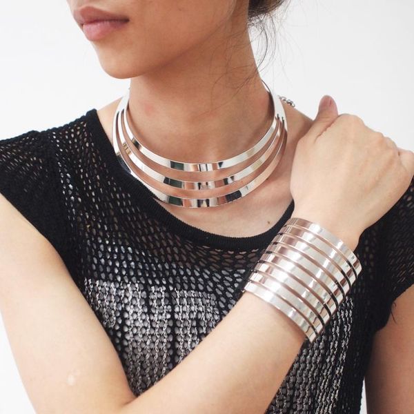 

earrings & necklace ukmoc fashion jewelry multilayer alloy chokers woman statement maxi necklaces bracelets sets cuff bangles #4198s, Silver