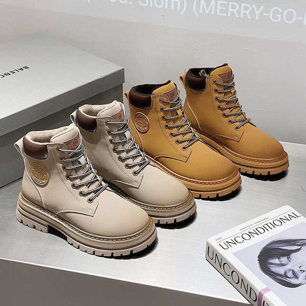 

wenshutong polished martin boots 2022 new frosted cowhide plush fashion lace up thick heel casual boots, Black