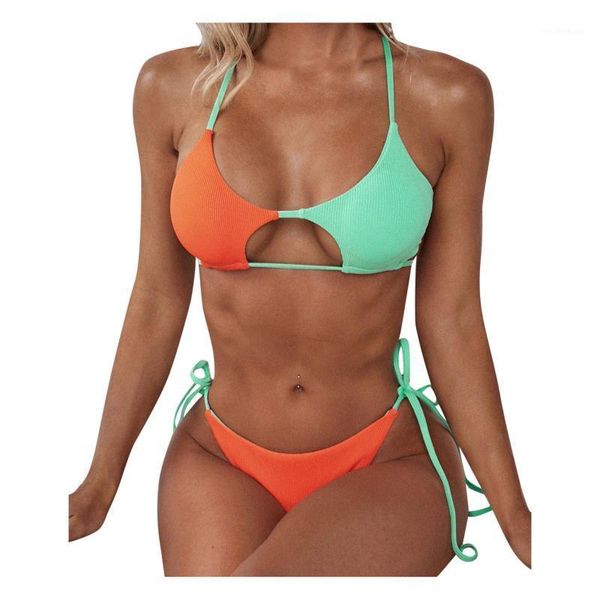 

women's swimwear patchwork color striped push up high cut swimsuit women hight waist halter bikini set two piece bathing suit, White;black