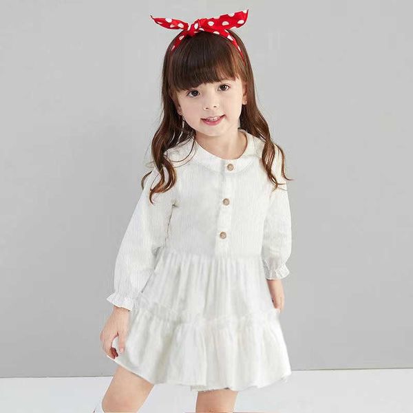 Vestito da ragazza per bambini Bianco Bambino Bottone per bambini Autunno Cotone Lino Abiti Manica lunga Solido Partito Casual Vestiti per bambini 1-5Y G1026