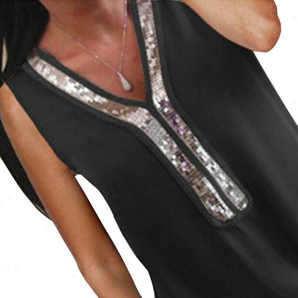 

2021 women ladies summer v neck loose casual sleeveless sequin shirt blouse chiffon vintage plain transparent clothes, White
