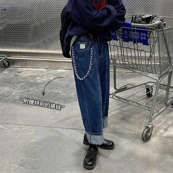 

2021 new send chain korean style men's baggy homme casual pants classic cargo pocket jeans biker denim blue color trousers -2xl 409t