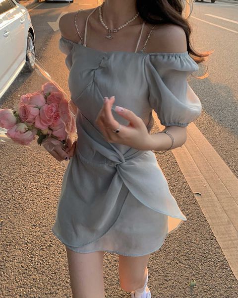 

dress summer puff sleeve slash neck chain spaghetti strap dress women irregular mini fashion off shoulder vestido de mujer 210610, Black;gray