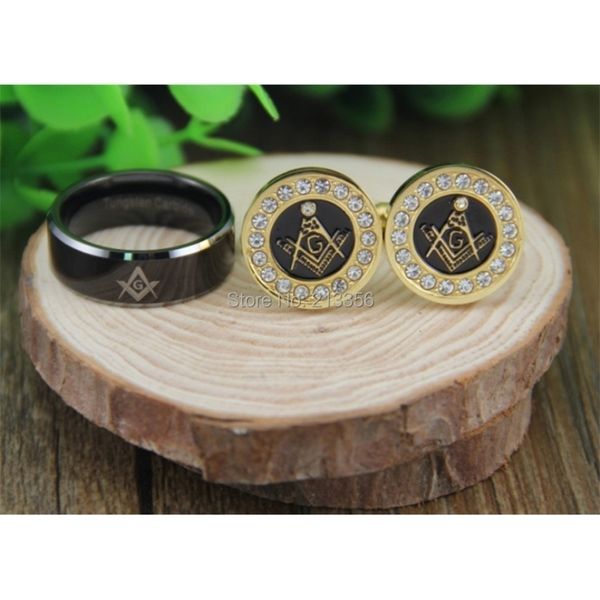 ! USA S EC Luxus Schmuck Set 8mm Schwarz Wolfram Ring Goldene Steel Masonic Manschettenknöpfe