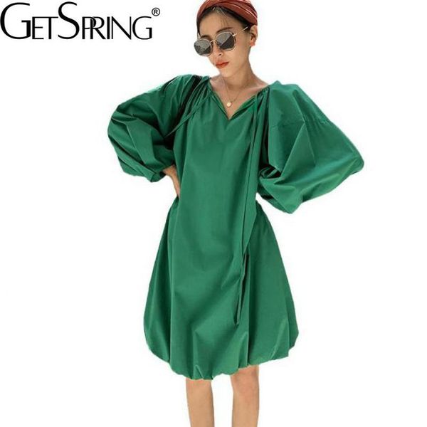 

casual dresses getspring women dress v-neck lantern sleeve cotton shirt long bandage loose girls summer 2021, Black;gray