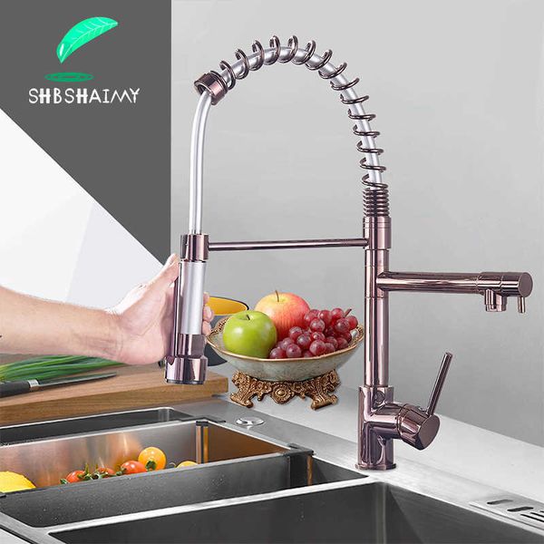 ShbShaimy Chrome / Rose Gold Primavera Torneiras de cozinha Preto Pull Down Kitchen-pia guindaste Dual Swivel Spout Torneira A água fria misturador 210724