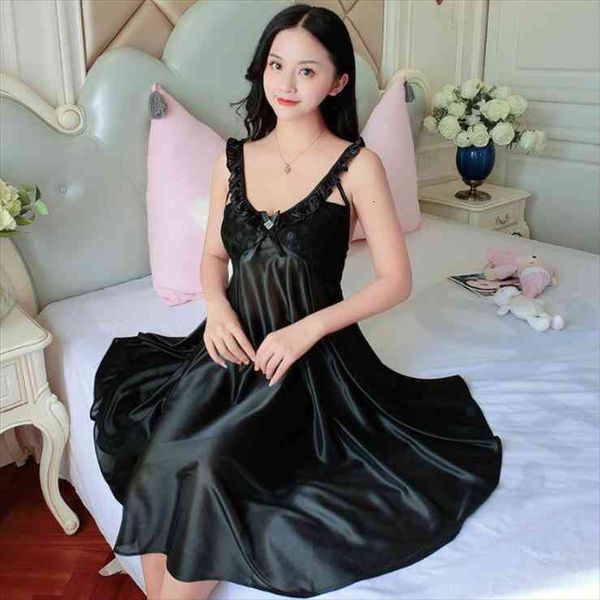 

summer nightdress nightgown women sleepwear v neck ice silk sling dress home wear nightwear nighty for ladies, Black;red