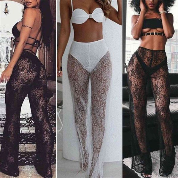 

lace flowers long womens capri see through bikini cover up ladies high elastic waist transparent clubwear, Black;white