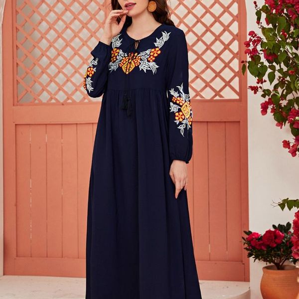 

ethnic clothing muslim fashion stripe heavy industry embroidery dress women's temperament long sleeves casual skirt, Red