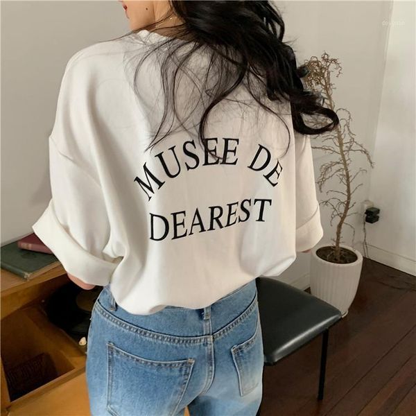 

women's t-shirt female t-shirts korean ins o neck pullover letter t shirt women solid short sleeve cutton tees loose casual summer 2021, White