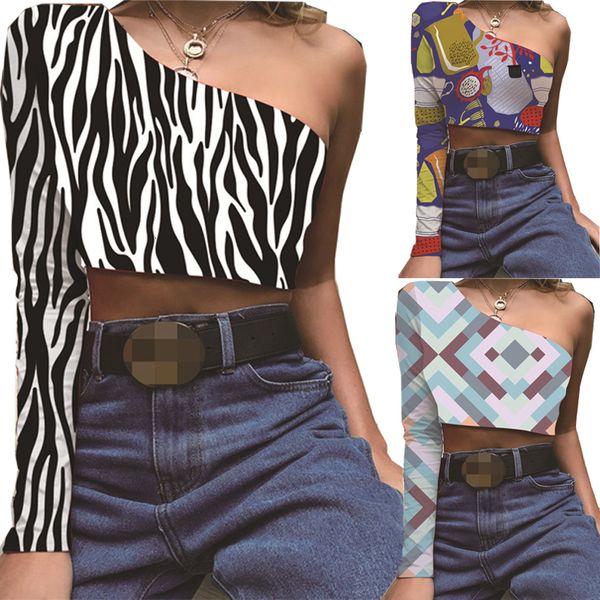 

2021 new t-shirt women print bustier crop shirt casual one off shoulder long sleeve short summer slim tshirt female ufl8, White