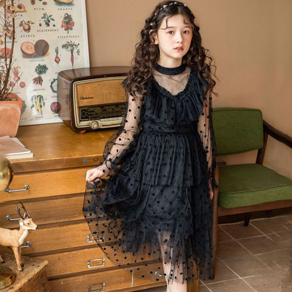 

youth long sleeve dress spring and summer evening elegant white black dot print children's princess 4-16y, Red;yellow