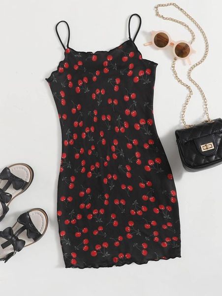 

girls allover cherry print lettuce trim dress she, Red;yellow