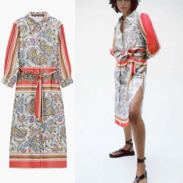 

za vintage floral print midi belt dress women long sleeve front button party dresses woman side vents summer vestidos 210602, Black;gray