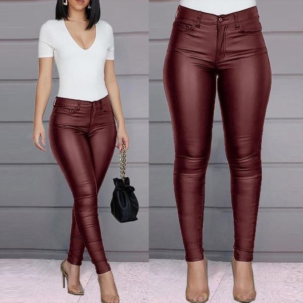 

black wine wet large womens pant size high waisted buttoned coated pants casual stretch slim shiny pu leather, Black;white