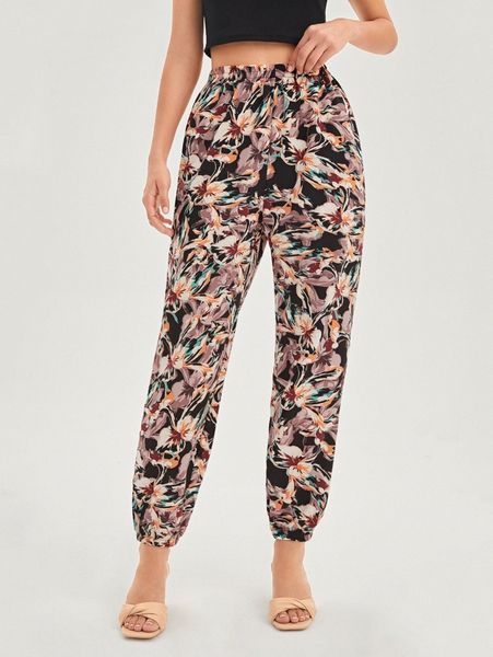 

high waist floral print pants y2hb#, Black;white