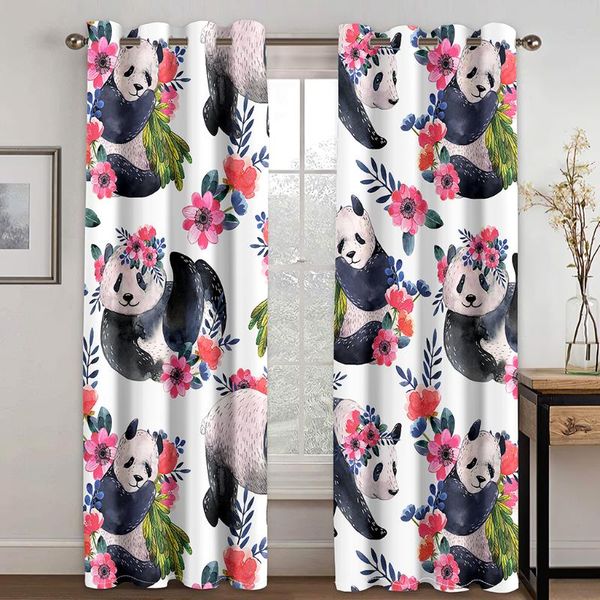 

cute panda cartoon decoration 3d printing semi sunshade curtain set waterproof fabric washable bedroom hook accessories
