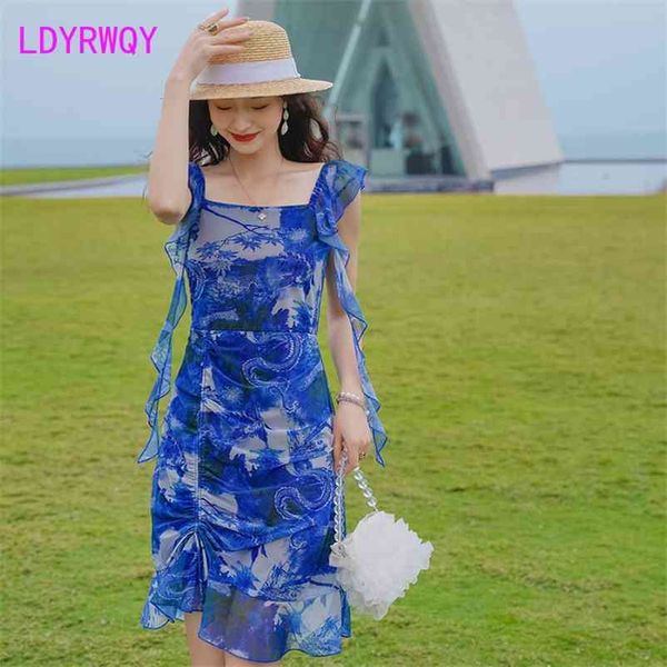 

ldyrwqy summer korean version retro flounces print square collar slim fashion dress office lady polyester 210603, Black;gray
