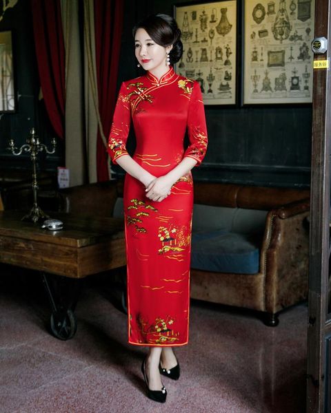 

ethnic clothing red exquisite print long cheongsam women 3/4 sleeve elegant mandarin collar qipao slim chinese dress plus size -5xl