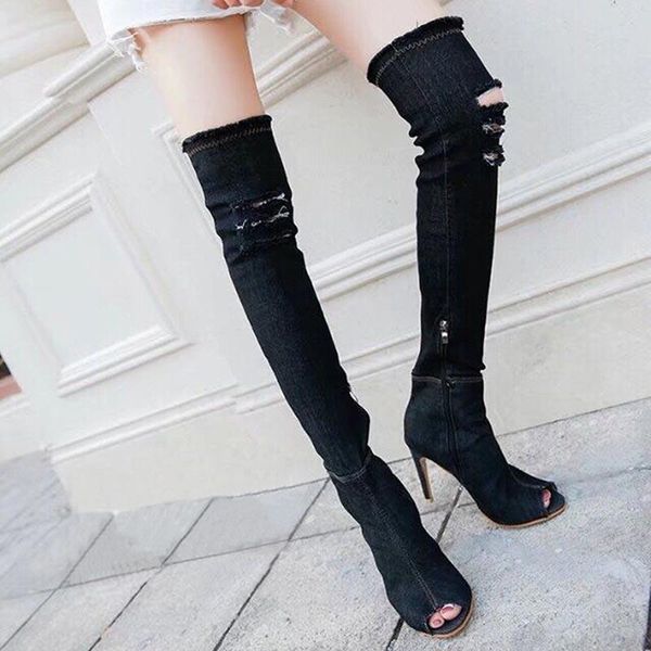 

boots high heels women pumps solid color denim shoes woman 2021 fashion zipper winter zapatos de mujer, Black