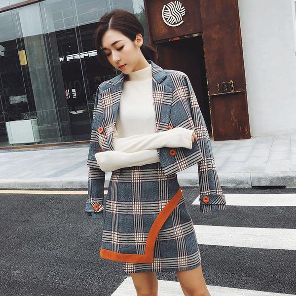 

work dresses street spring autumn office ladies skirt set women short plaid long sleeve blazers and slim irregular skirts suits ns972, White;black