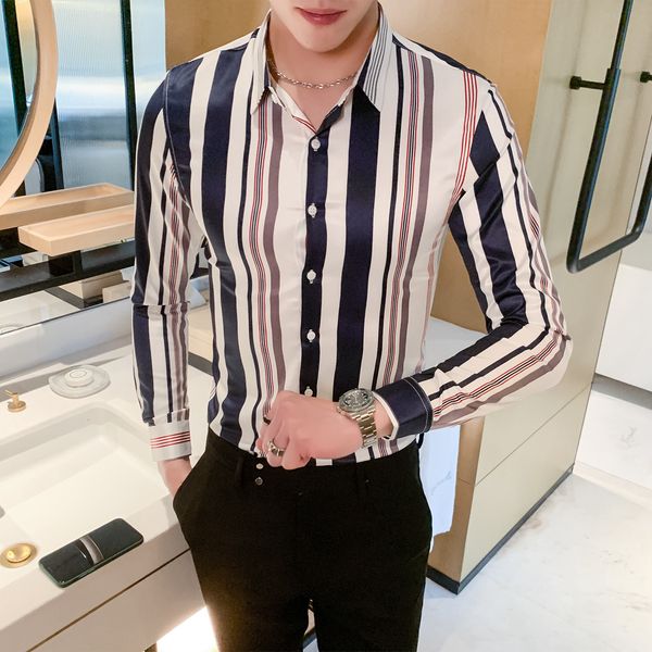 

2021 men's striped shirt with long sleeves, drsss casual thin shirts, streetwear social blouse, hombre clothes. hhoj, White;black