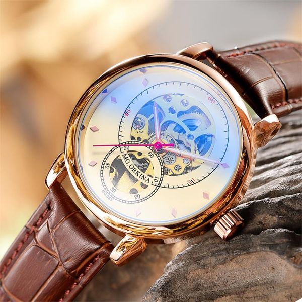

wristwatches relojes hombre 2021 design orkina skeleton mechanical watch automatic leather / stainless steel mesh strap relogio masculino, Slivery;brown