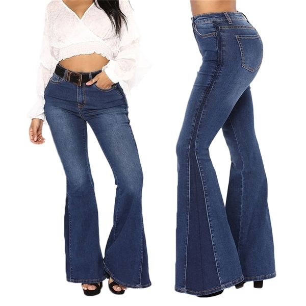 

women crayon flared jeans classic rtro fille solide baggy fit denim long pantalons grande taille jeans washed flare pants q30 210202, Blue