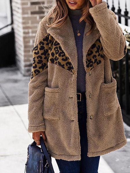 

women's trench coats autumn coat 2021cheetah print colorblock buttoned pocket design fluffy woman long jacket manteau femme kadin kaban, Tan;black