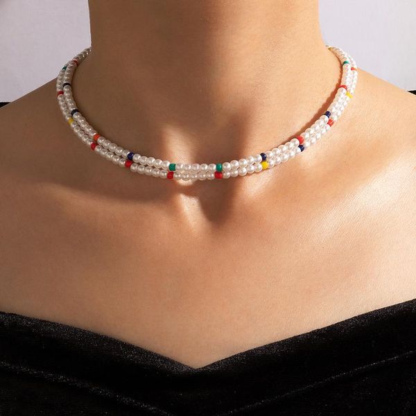 

chokers bohemian pearl choker clavicle chain necklace for women trendy colorful beaded layered adjustable jewelry collar 20311, Golden;silver