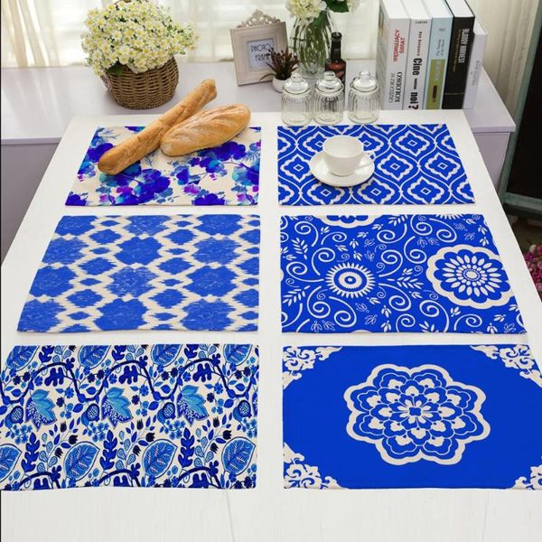

mats & pads blue and white porcelain pattern placemat dining table drink coasters cotton linen 42*32cm kitchen accessories