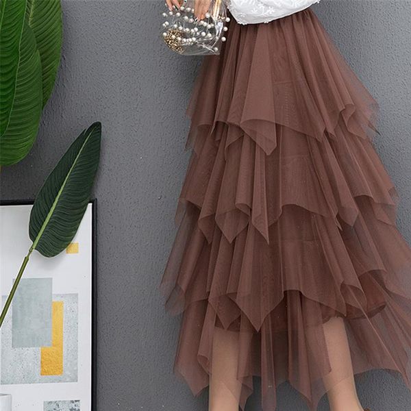 

2021 summer women boho long skirt high waist ruffles women beach skirts pink femme tulle skirt apr23, Black