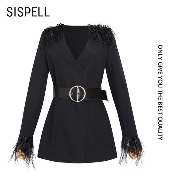 

sispell patchwork feather women's blazer dress lapel collar long sleeve high waist with belt for female dress 2021 fashion, Black;gray