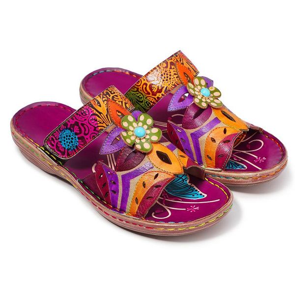 

slippers retro woman elegance vintage printing colorblock flowers pattern stitching genuine leather adjustable 3-4cm women shoes, Black