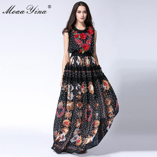 

casual dresses moaayina designer runway maxi dress summer women sleeveless dots lace print applique retro long high quality, Black;gray