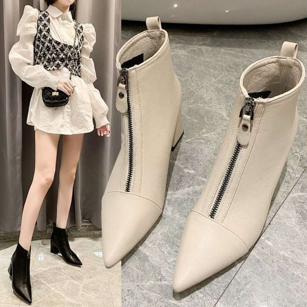 

women's 2020 new net red thin versatile pointed high autumn and winter martin thick heeled boots, White;red