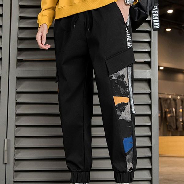 

men cargo pants ribbons harem joggers 2021 hip hop streetwear casual pockets track pants solid color male trousers size 3xl, Black