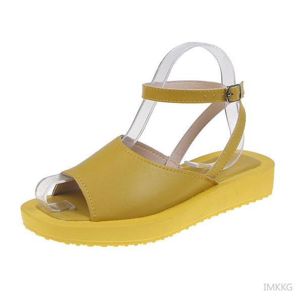 

sandals woman flat shoes 2021 pu fashion summer yellow round toe heel buckle black chaussure femme size 40